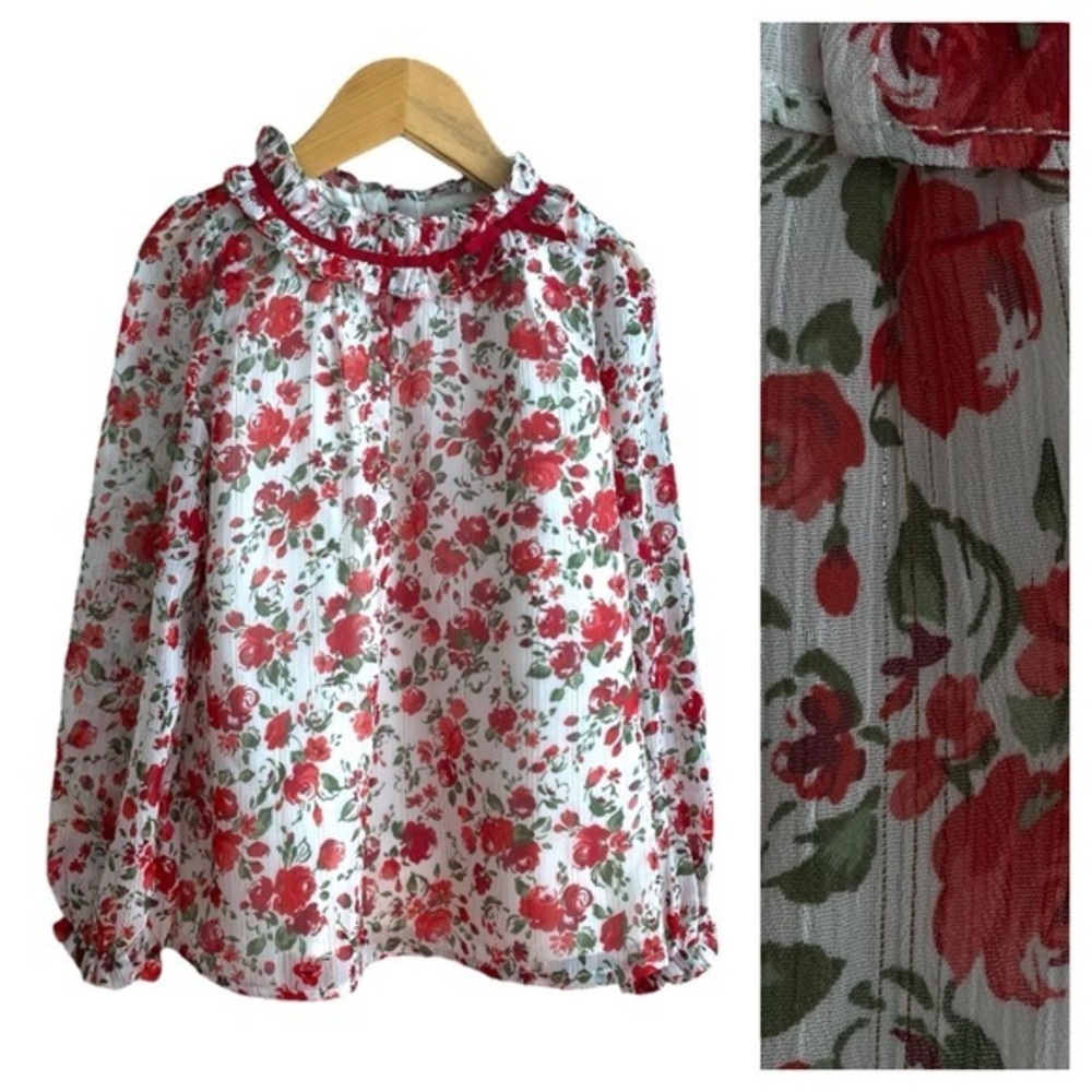 Janie and Jack Red White Floral Chiffon Ruffle Collar Blouse 6